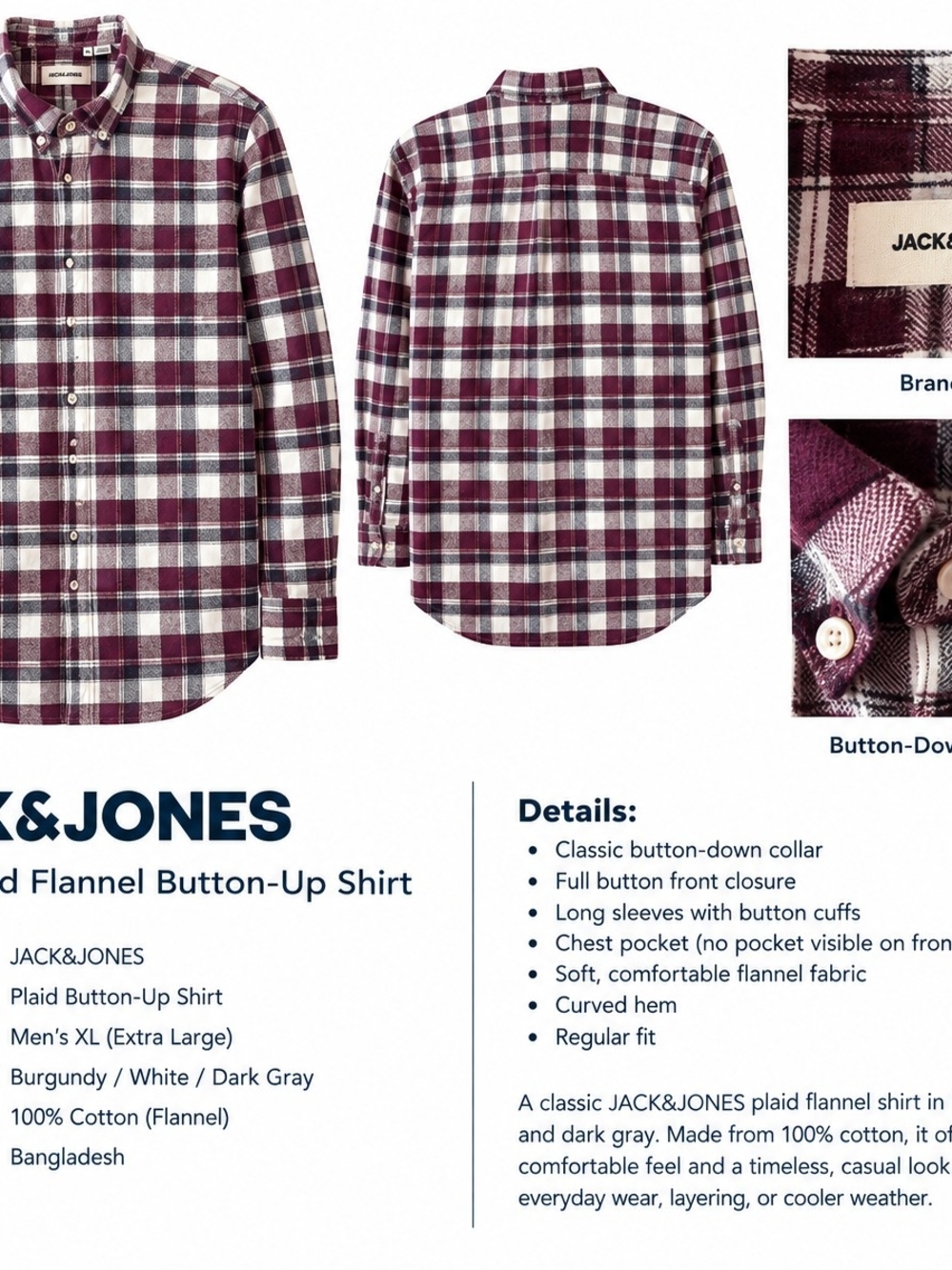 Xl. Jack & Jones Burgundy and White Plaid Button-Down Shirt